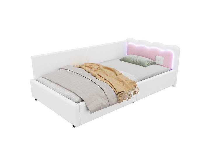 Okwish Bett mit LED-Umgebungslicht 90/200 cm Weiß Vliesimitat, 90x200 cm, Schlafzimmer, Betten