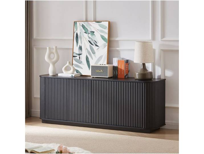 ROVRYN Buffet bas meuble TV 162 5 cm 4 portes facade ondulee MDF noir