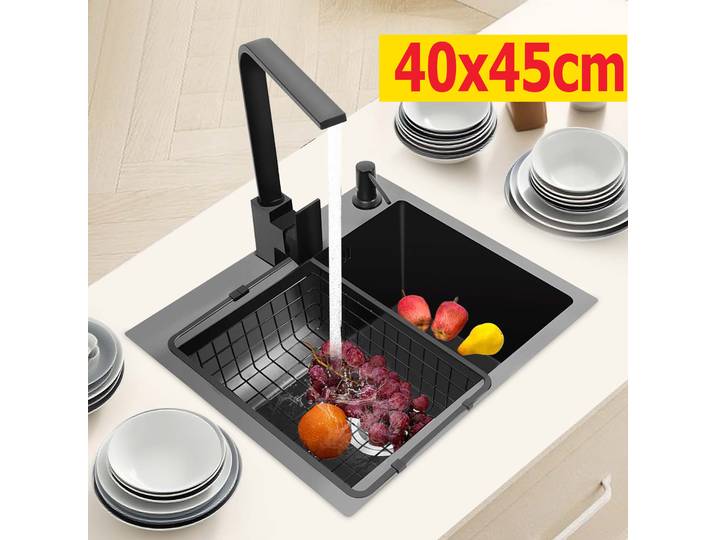 Évier de cuisine amélioré avec robinet, panier de vidange, distributeur de savon, grande capacité, en acier inoxydable, noir gris 45x40cm