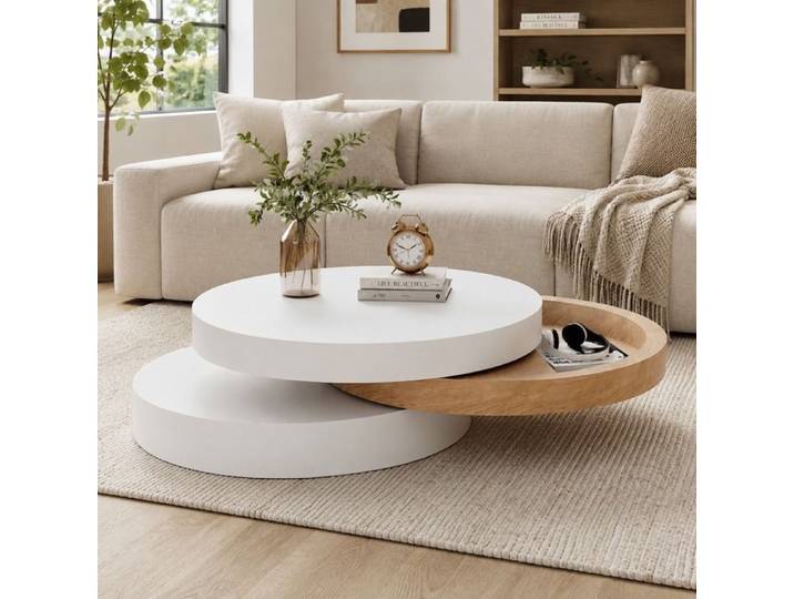 ULSAM Table Basse Ronde Pivotante 360° 60x60 cm 3 Niveaux Rangement Caché MDF - Blanc/Bois