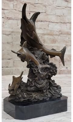 Bronzhaus Original Bronze Statue Sculpture Of Marlin Sailfish Swordfish Jumping Out Of Ocean On Marble Base