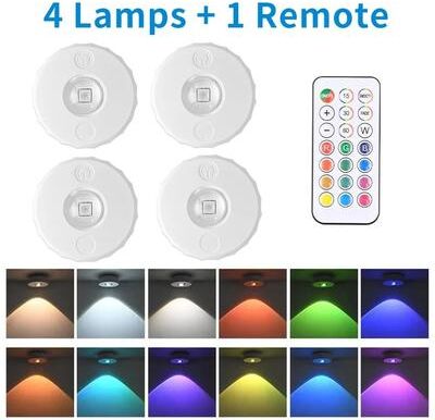 Uplifted Finds Rechargeable RGB LED Spotlight Wireless Remote Cabinet Light 4 Lamps + 1 Remote