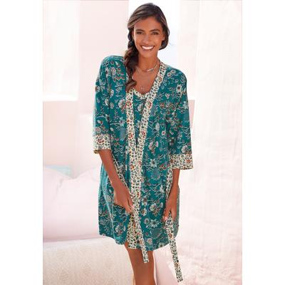 Kimono LASCANA, Damen, Gr. 36/38, bunt (rauchblau, ecru), Jersey, gemustert, Kurzform, Hausmäntel, mit Blumen Allover-Druck