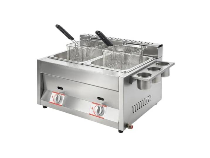 Gas Fritteuse Doppel, 2x6L, 23,74x18,11x13,18 Zoll Edelstahl für Gewerbe Fryer-2 Korb, Edelstahl-Kochtopf – Fisch/Huhn – Außenbereich, 231 °C, mit 2 Thermometern und Regler