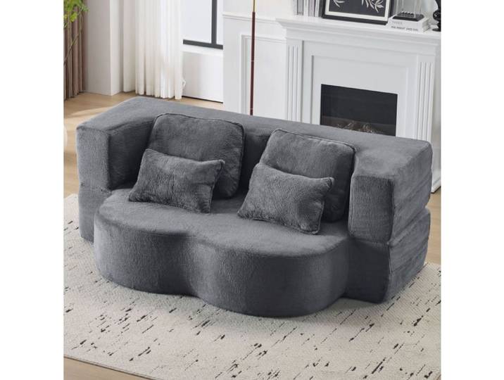 WUVRIE Canape de sol convertible 2 places mousse haute densite tissu doux bleu gris 4 coussins sans montage