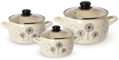 STP Goods MET-ROT Dandelions Vintage Enamel Casserole Set of 3 w/ Glass Lids