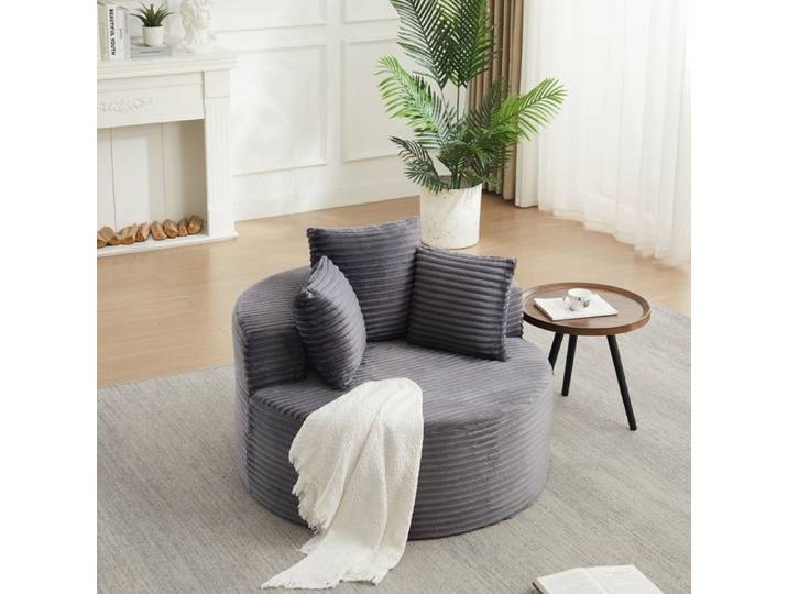 Fauteuil Simple Rond 110x110x82cm - Canapé Cabriolet Lounge Individuel Sans Montage en Velours Côtelé 3 Coussins - Gris