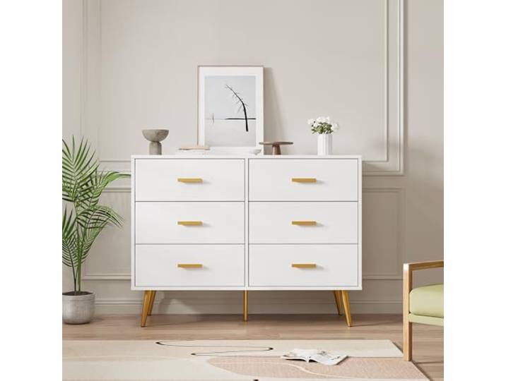 Furntrastar Kommode Weiß 6 Schubladen Holz Goldenen Metallgriffen Konischen Beinen Modernes Sideboard Schrank für Schlafzimmer