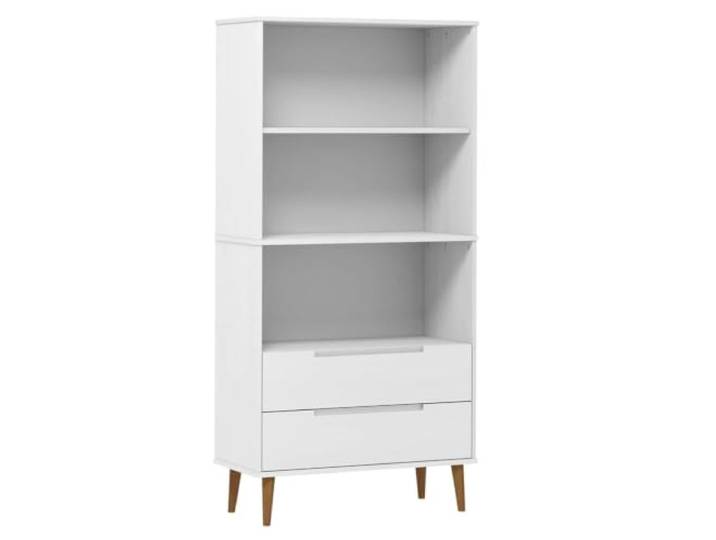 HKTMGDNG Standregal MOLDE Weiß 85x35x170,5 cm Kiefer Holz Regal Skandinavisches Holzregal mit 3 Fächern und 2 Schubladen für Wohnzimmer und Schlafzimmer. UV-lackiertes Kiefernholz.