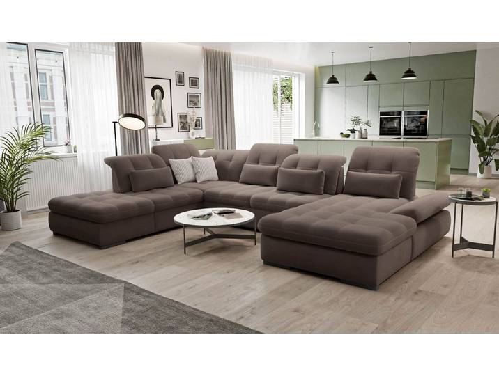 Hygger Möbelhaus Wohnlandschaft Oregon XXL U-Form 370 × 200 / 250 cm mit Schlaffunktion & 2 Bettkästen, Hergestellt in Europa, kostenlose Lieferung & Montage, deutschlandweit, Kopfstützen-, Armteil- und Sitztiefenverstellung