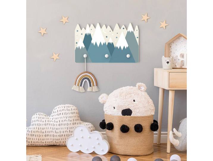 Kindergarderobe Schneebedeckte Berge 40 x 25 x 1cm Blau/Weiß/Taubenblau/Grau