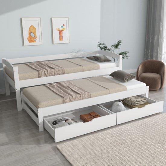 Doppelbett, einfaches und doppeltes Bett, ausklappbares Bett mit Rollen, 2 MDF-Liegeflächen, massiver Holzrahmen, weiß (200x90cm/190x90cm)