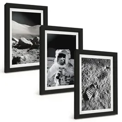 BILDER SET 3er Set - 20x30 cm Schwarzer Rahmen - NASA-Fotos vom Mond Astronaut