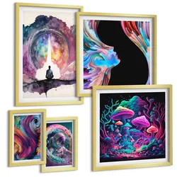 BILDER SET 5er Set - 50x50 cm & 20x30 cm & 40x60 cm Goldrahmen - Farbenfrohe Fantasy-Kunstillustrationen