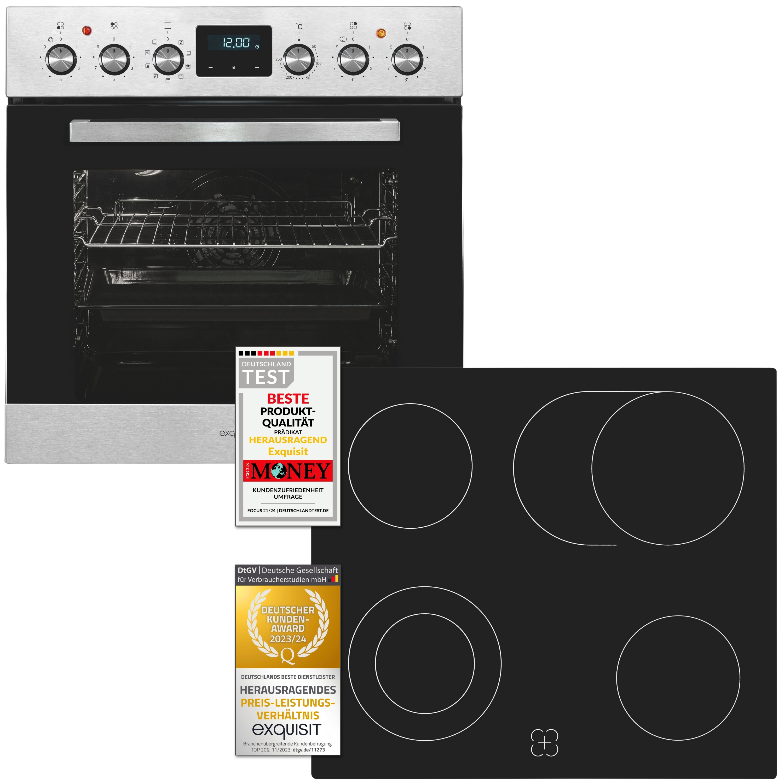 Exquisit Einbauherdset EHE185-HBZ-020-Set inox | 75 l Garraumvolumen | 9 Backofenprogramme | Kochfeld mit Rahmen | Energieklasse A