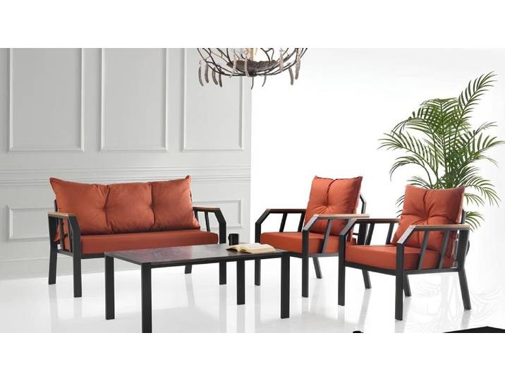 JVmoebel Gartenlounge-Set Moderne Garten-Sitzgruppe in Orange mit Sofa und Sessel, (4-tlg., Set 4tlg (Sofa + 2x Sessel + Couchtisch), Made in Europa