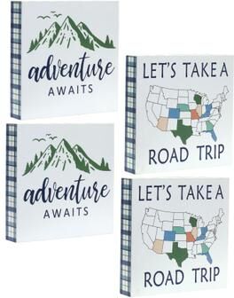 Wood Adventure Block Sentiment Sign (Set of 4) by Melrose in Blue White Green