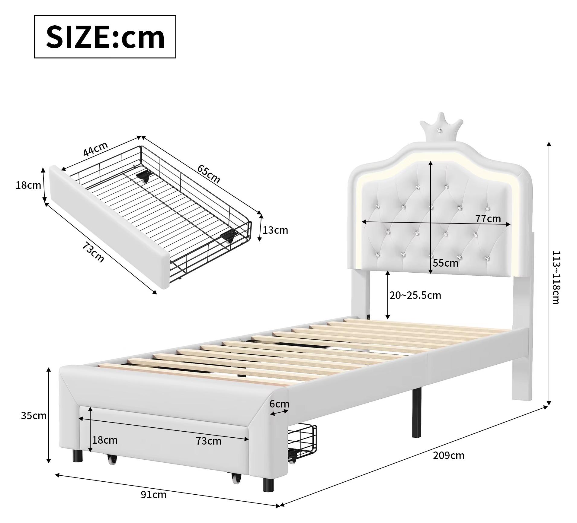 Prinzessinnenbett für Kinder - Einzelbett - 90 x 200 cm - Gepolstertes, getuftetes Kopfteil - Ausziehbare Bettkastenschublade - Holzlattenrost - Weiß