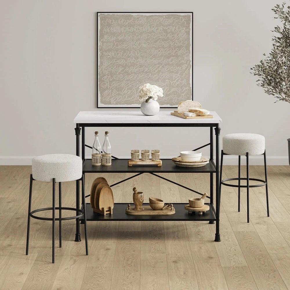 Mariah Ivory Boucle Round Bar Stool with Black Legs