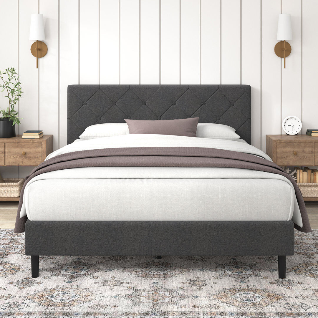 Three Posts Ridley Upholstered Bed Frame with Button-Tufted Headboard Gray Double (4'6)