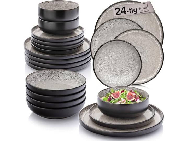 SÄNGER Luxor Steingut Geschirrset 6 Personen Teller Set 24tlg Beige Braun Handmade Geschirr Set, Tafelservice: Speise- &Dessertteller, Müslischalen & Pastateller, spülmaschinen- & mikrowellengeeignet