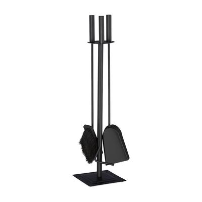 Relaxdays Kaminbesteck, 4-teilige Kamingarnitur mit Schaufel, Besen, Schürhaken & Halter, Ofenbesteck modern, schwarz