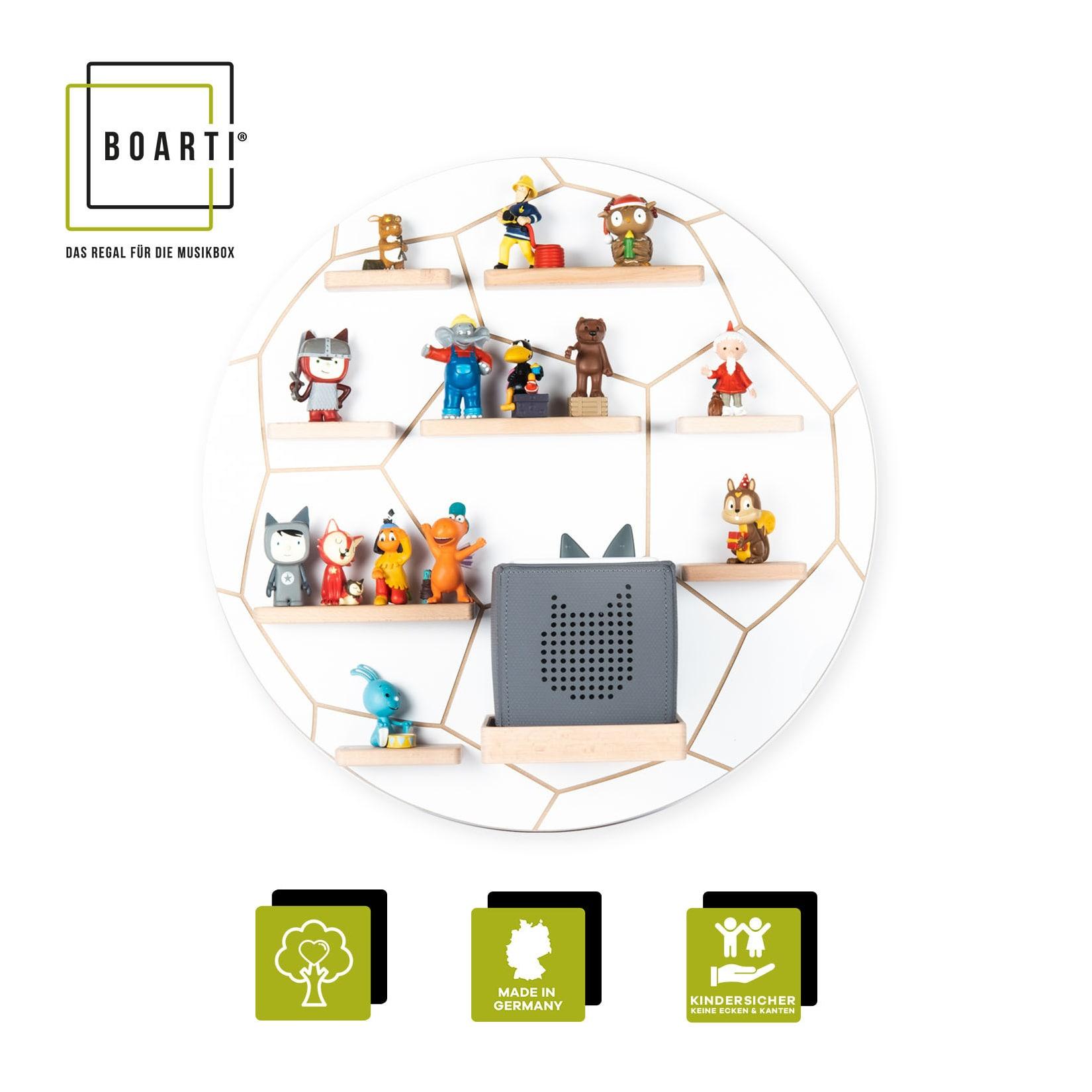 BOARTI Kinderregal Fußball hängend für Toniebox und Tonie Figuren platzsparendes Regal H. 50 x B. 50 x T. 19 cm Wandregal Musikbox und Figuren Aufbewahrung Magneteinsätzen Aufbewahrungsregal Holz