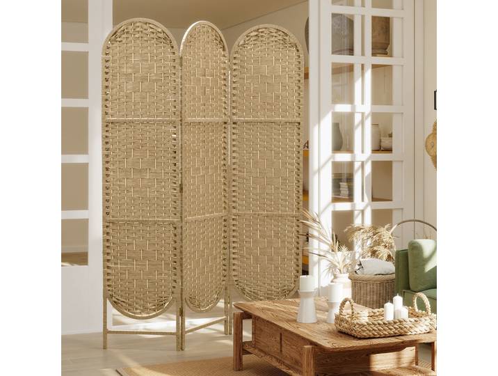 HOMCOM Paravent 3 Panneaux 120x170cm Tissé Main Pliable Naturel
