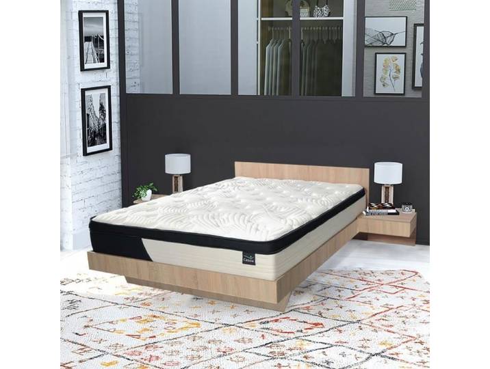 Lit COOL 140x190 cm + 2 chevets + sommier + matelas CASSIE / Décor Chêne blanchi
