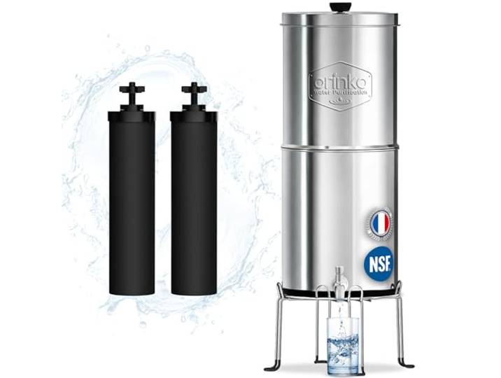 ORINKO Filtre à Eau par Gravité Certifié NSF 5\,6 L avec 2 Cartouches Certifié NSF\, jusqu'à 3 personnes\, filtration charbon actif pour eau du robinet et eau de pluie\, maison ou camping
