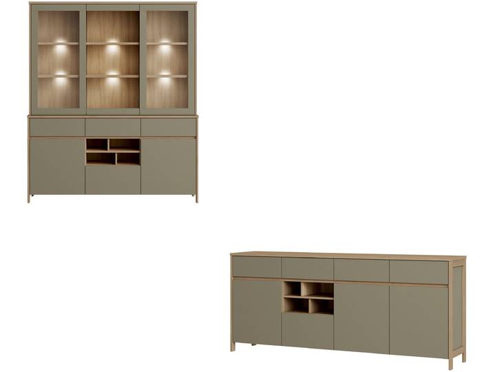 Wohnwand HOME AFFAIRE Stranda, moderne Anbauwand, Komplettset im Scandi-Style , eukalyptus skandi eiche, B:193cm, Holzwerkstoff, Kastenmöbel-Sets, Wohnwand, enthält Sideboard und Buffet, ausreichend Stauraum