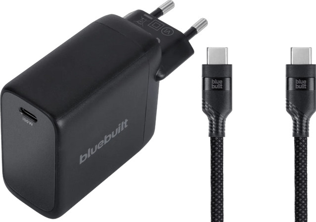 BlueBuilt 100W GaN USB-C Oplader Zwart met 240W USB-C Nylon Kabel 2m Zwart