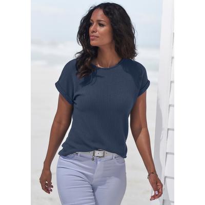Kurzarmshirt VIVANCE "aus Piqué-Qualität", Damen, Gr. 44/46, blau, Piqué, Obermaterial: 69% Polyester (REPREVE), 28% Viskose, 3% Elasthan, Waffelmuster, unifarben, lässig geschnitten normal, Rundhals, mit Umschlag, Shirts, besonders weich