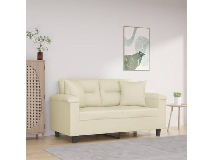 HEFZGDB Modernes 2-Sitzer-Sofa 120 cm Creme Kunstleder mit Zierkissen – Langlebiges Polstermöbel für Wohnzimmer, Robuster Metallrahmen und Komfortable Sitzfläche mit Dekorativen