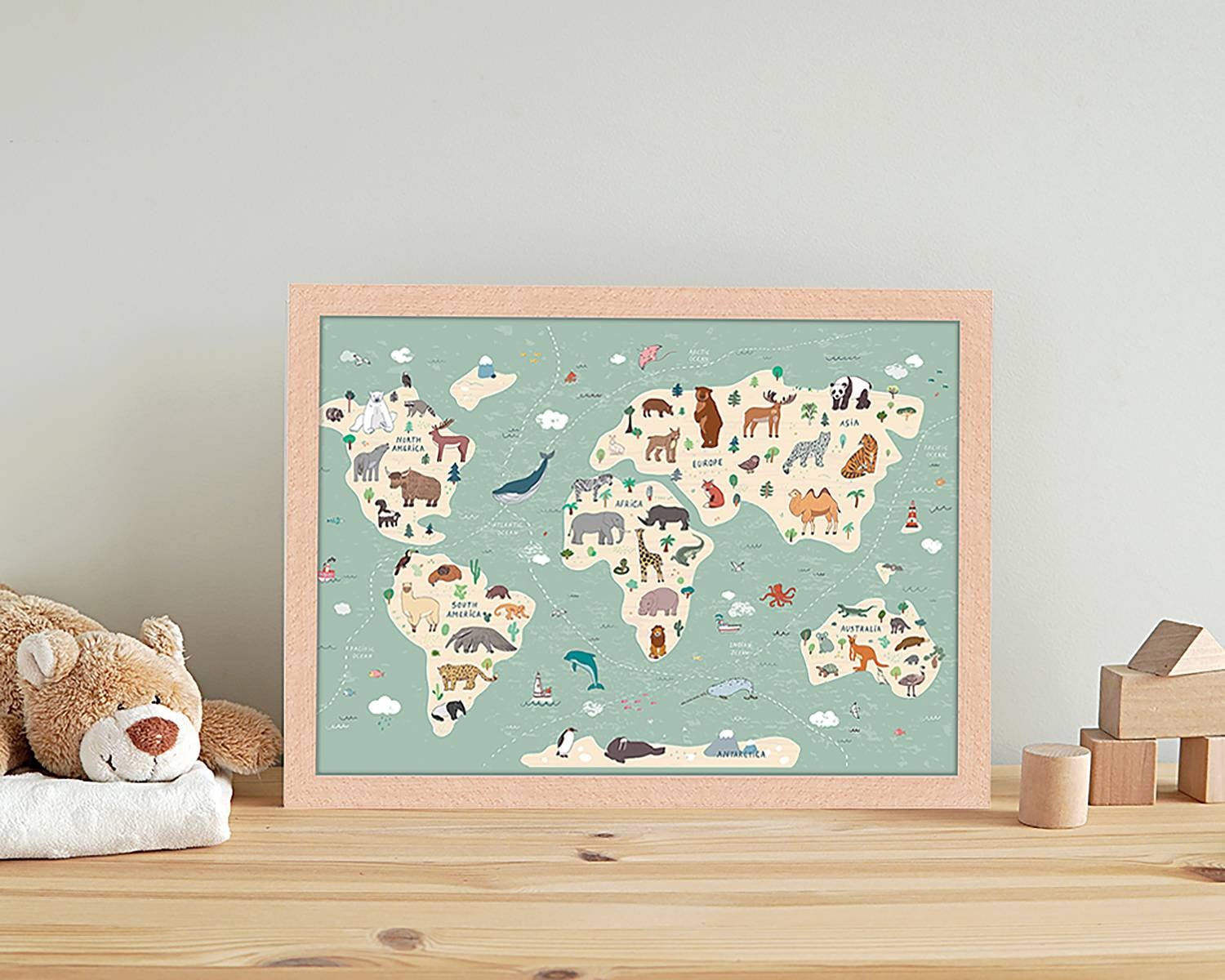 home24 Afbeelding Animals World Map, meerdere kleuren, 33 x 43 cm