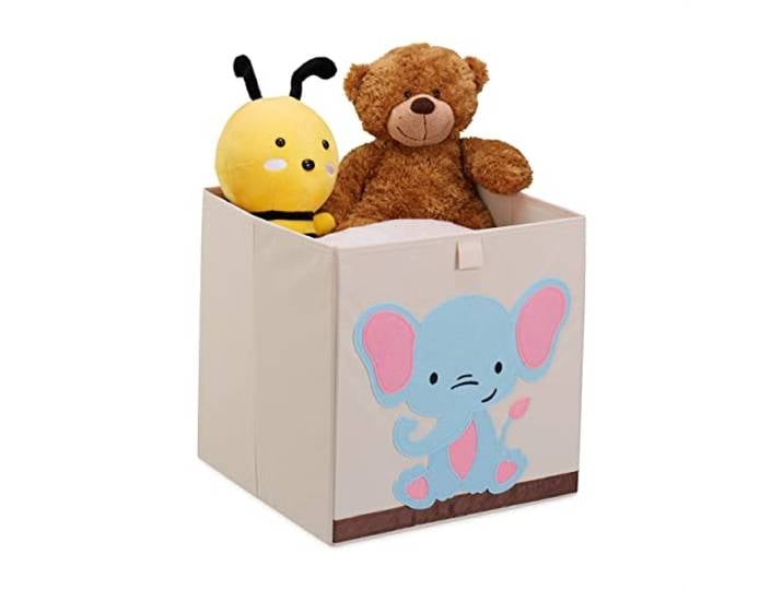 Relaxdays Bac de rangement pour enfants\, motif éléphant\, HxLxP : 33x33x33 cm\, boîte tissu\, panier à jouets\, beige/bleu