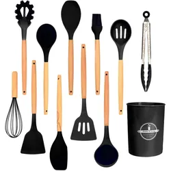 Intirilife 12-teiliges Küchenutensilien Set mit Zange Schneebesen Pfannenwender, Kochbesteck, Schwarz