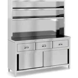 Arbeitstisch aus Edelstahl mit Schrank, Schubladen und Regalen, 1800 x 700 x 1850 mm
