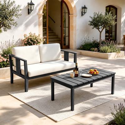 Uixe Teak Patio Loveseat with Coffee Table Outdoor Conversation Set