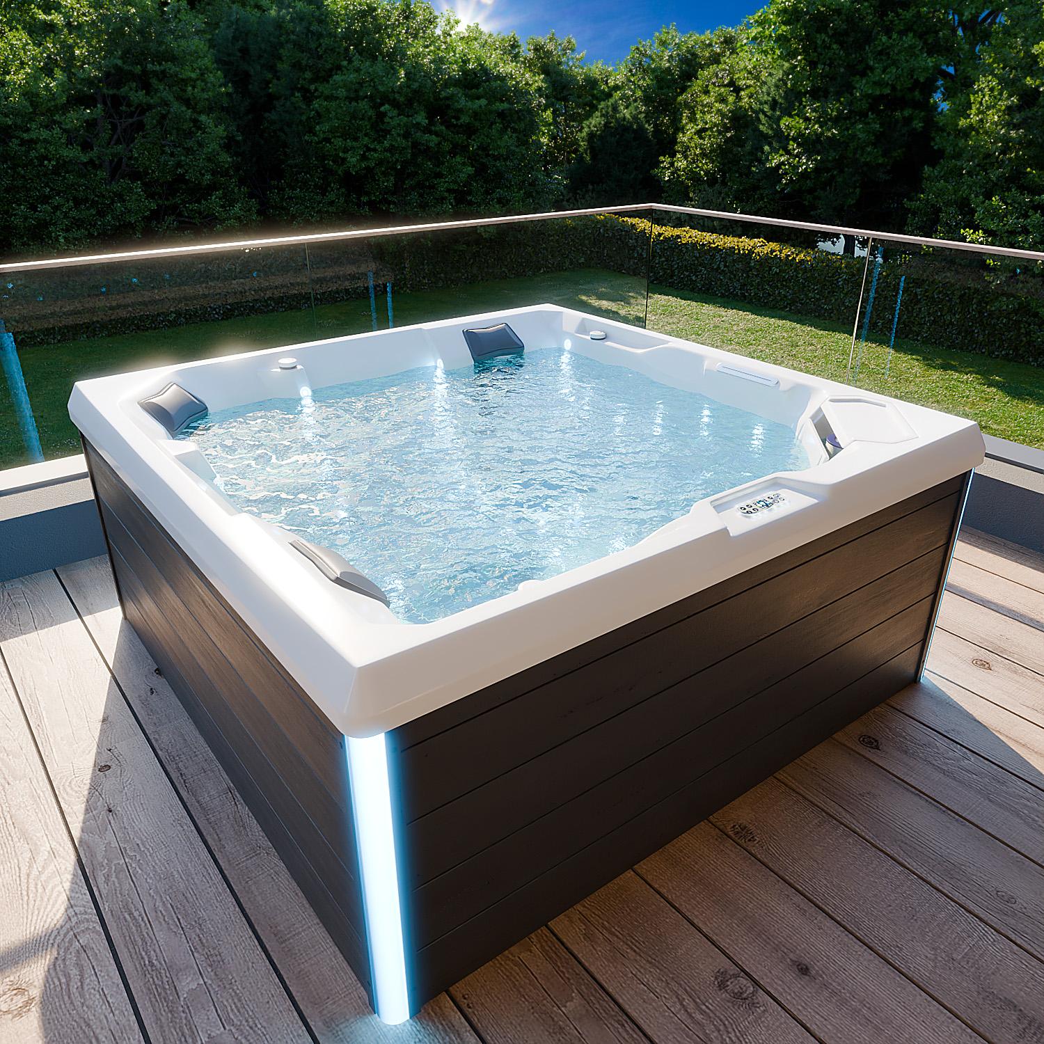 TroniTechnik PANAREA, Outdoor-Spa 210x210 cm mit Farbbeleuchtung, Heizung, Sanitäracryl-Oberfläche und Massagesystem