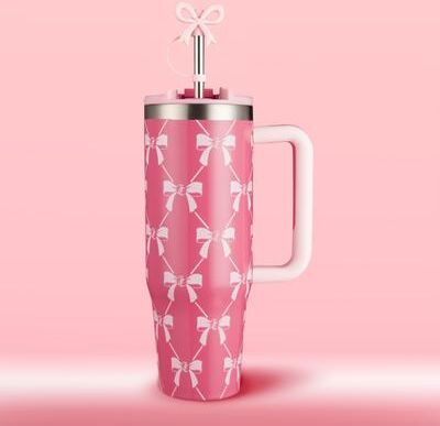 Juicy Couture Jetsetter Hydration Stainless Steel Tumbler with Handle and Straw With Topper