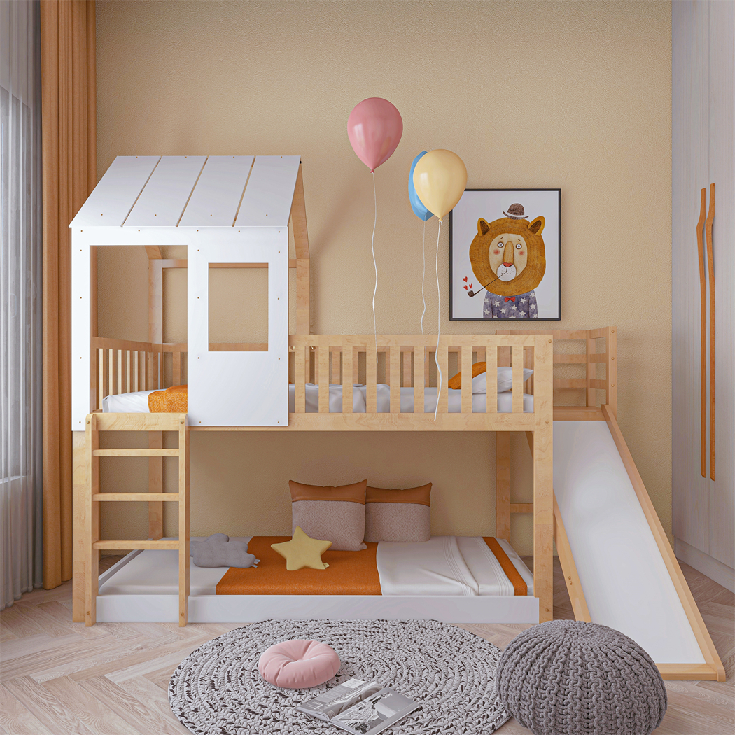 Etagenbett Kinderbett mit rechtwinkliger Leiter und Rutsche, 90x200, Hausbett mit Dach und Fenster, Rahmen aus Kiefer