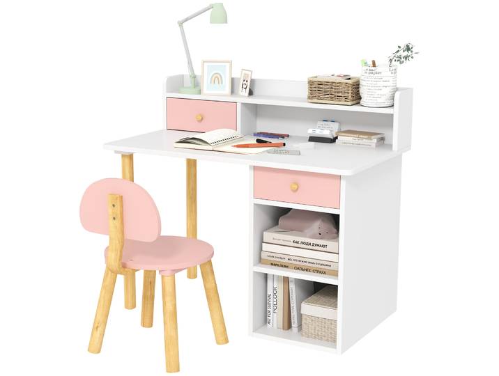 Aiyaplay Ensemble de bureau pour enfants avec chaise Bureau pour enfants avec compartiment à tiroirs et étagères rose et blanc