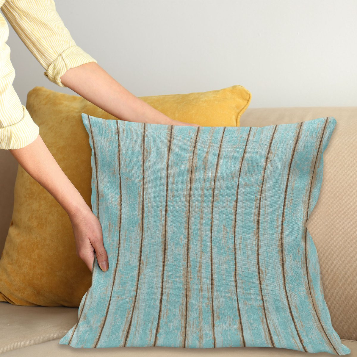 ABAKUHAUS Sierkussenhoes met Houtprint, Oud Fashioned Verweerd Rustiek Planks Thema, Blauw Lichtbruin, 40 x 40 cm