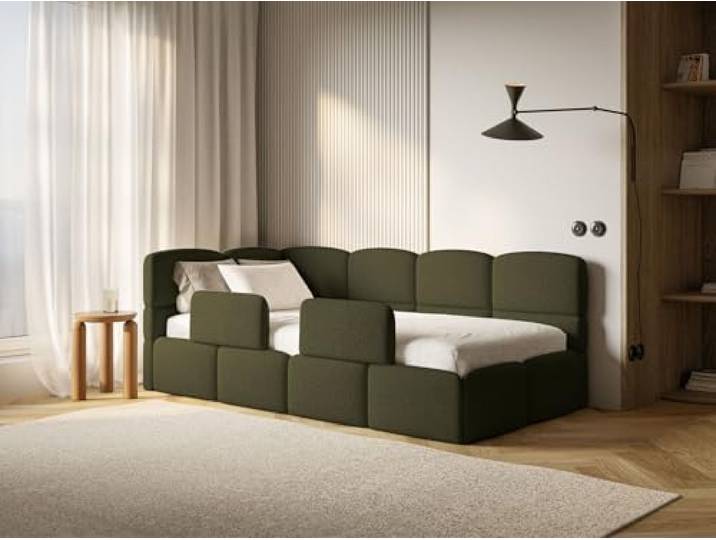 Selsey Jugendbett 90x200 cm Links Komfortables Polsterbett mit Bettkasten Sicherer Schlaf Rausfallschutz-Gitter Modernes Design Stabiler Holzrahmen Olivgrün Ideal Kinderzimmer