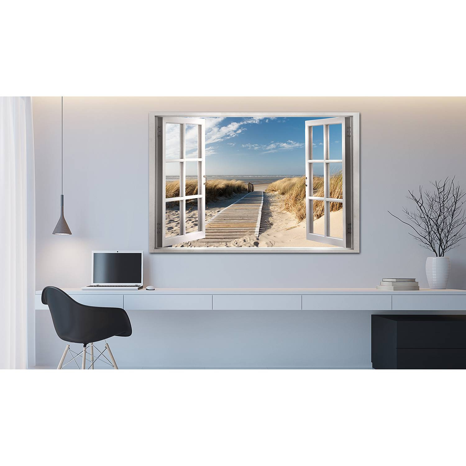 home24 Afbeelding Window View of the Beach linnen Arancione B: 90 cm, H: 60 cm