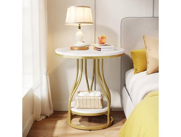 Table d'appoint double - Cadre rond en métal - Table basse de rangement table de chevet table de canapé - Doré et blanc