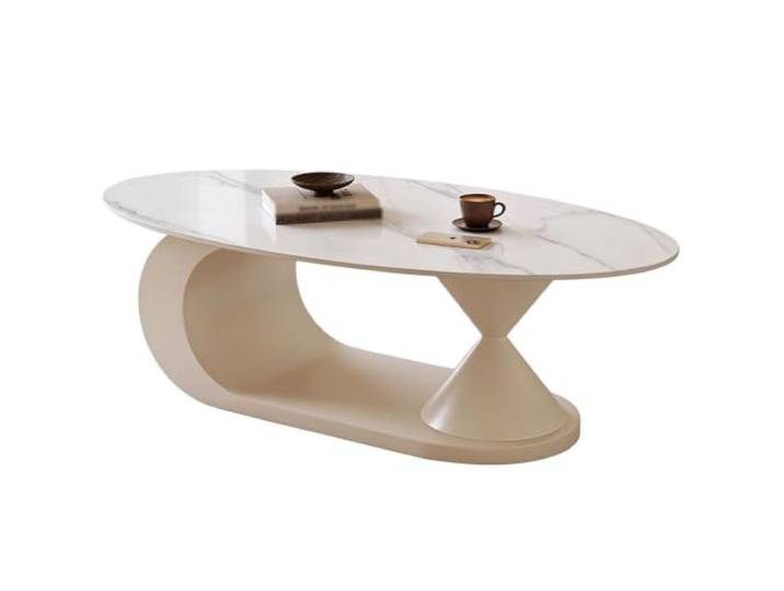 Couchtisch Oval Aus Sinterstein mit Asymmetrischem Metallgestell,Italienischer Minimalismus,Abgerundete Tischkanten,für Das Wohnzimmer,Verschiedene Oberflächen E,120CM