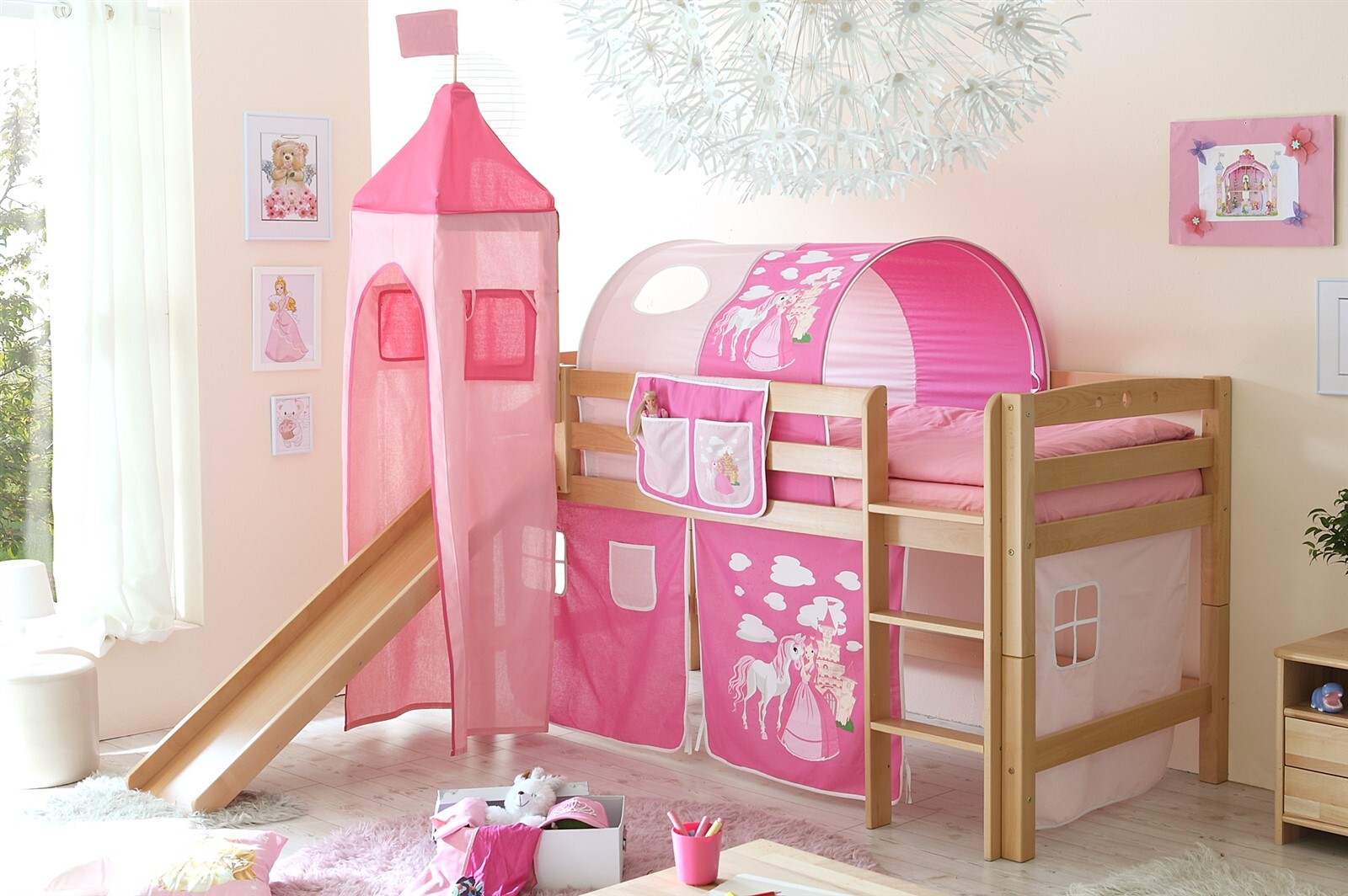 Rutschbett ROBI R XL Buche Natur inkl.Vorhang und Turm Prinzessin-Pink