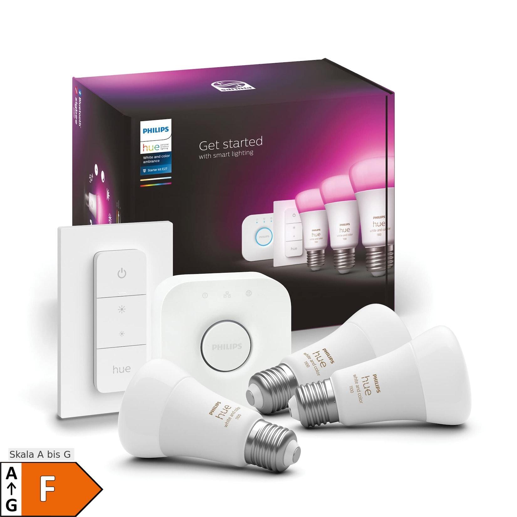 Philips Hue LED-Lampe "White & Color Ambience", E27, 3er Set, inkl. DimmerSwitch (00212607)